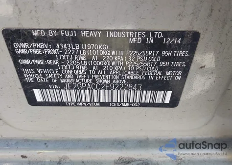 2015 Subaru Xv Crosstrek 2.0I Premium z USA, uszkodzony, nr VIN JF2GPACC2F9222843